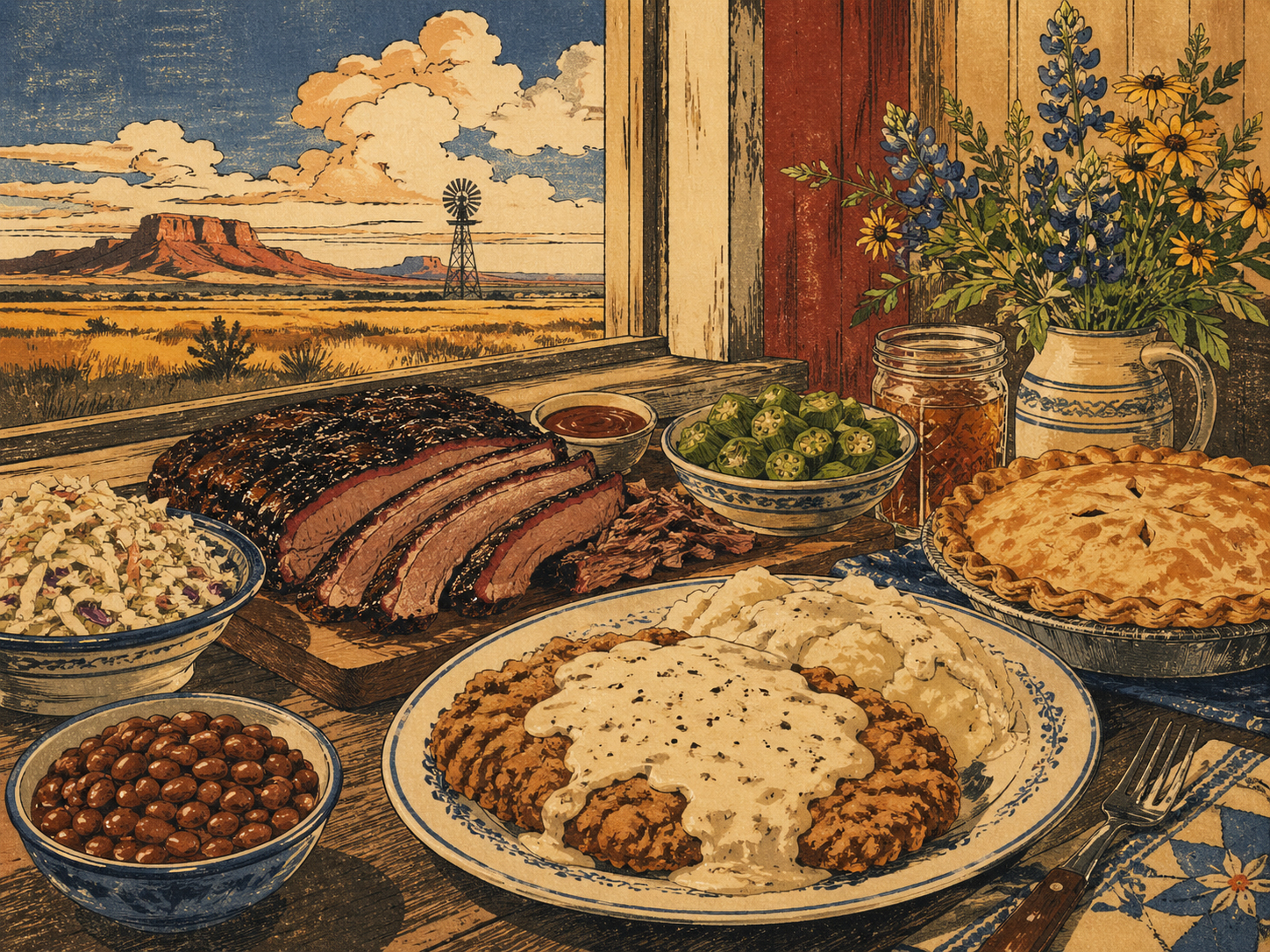 オクラホマの食卓、バーベキュー、チキンフライドステーキ、パイ