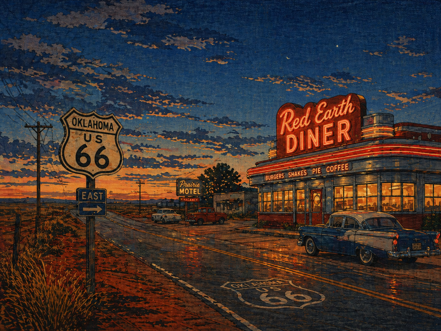 ルート六十六沿いのネオンと古いダイナー