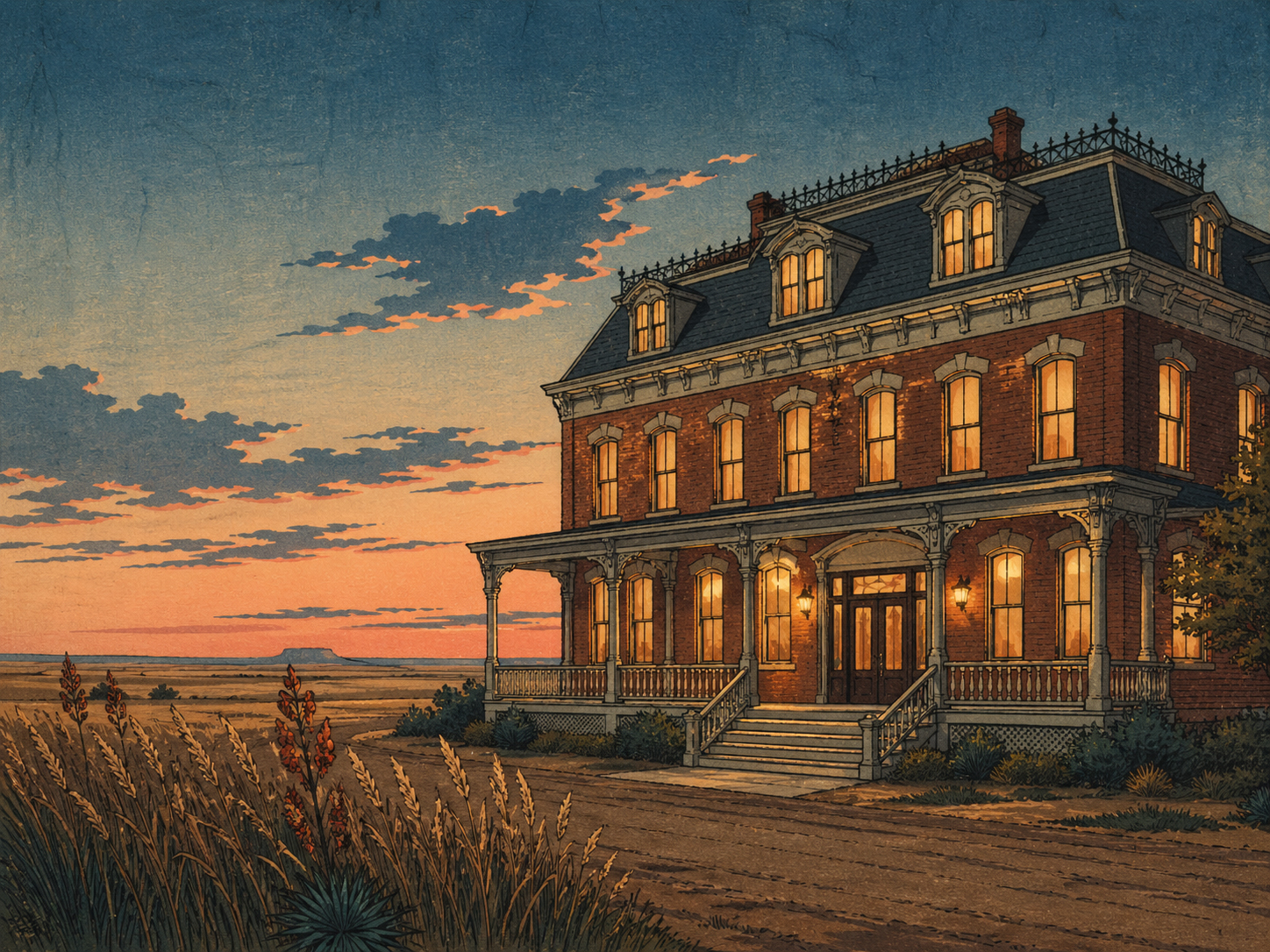 オクラホマの歴史あるホテルと夕暮れの窓明かり