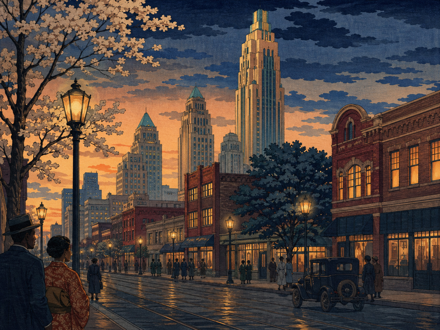 タルサのアールデコ建築と夕方の街角