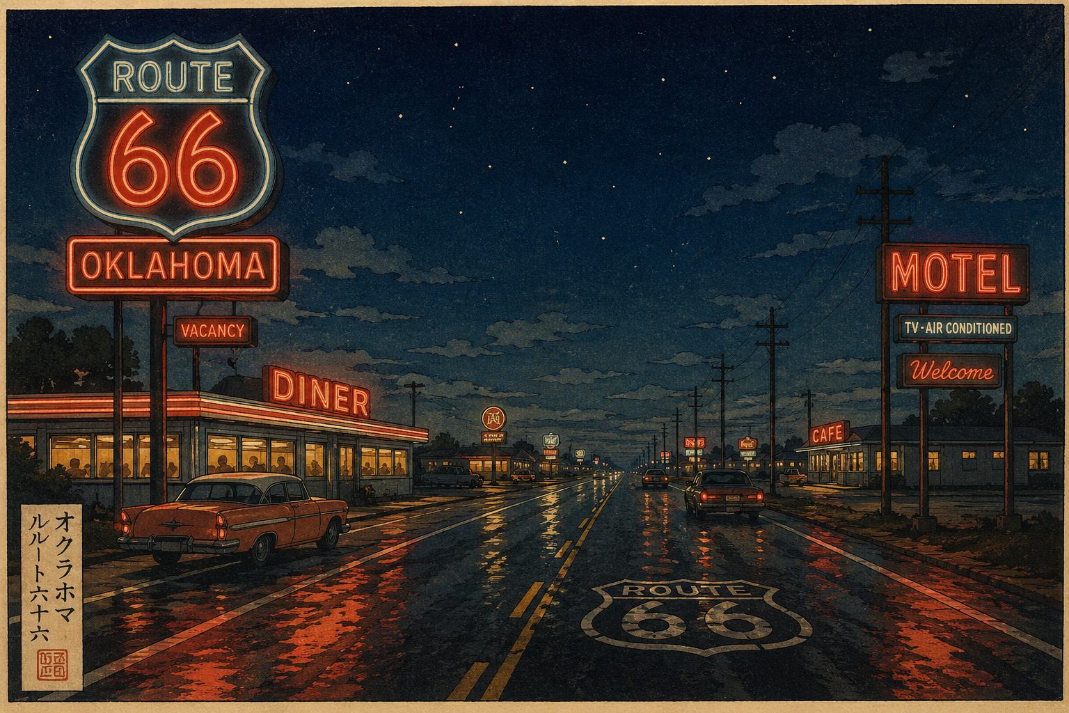 ルート六十六のネオンと夜の道