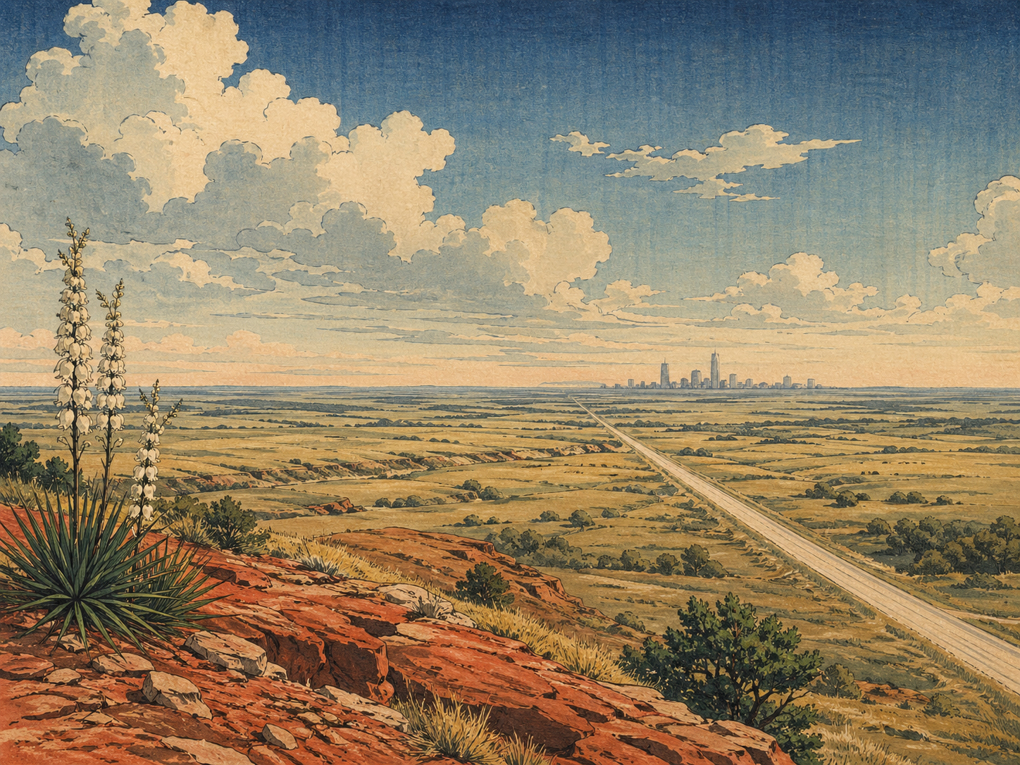 赤土の道と広い空、遠くに街が見えるオクラホマの風景