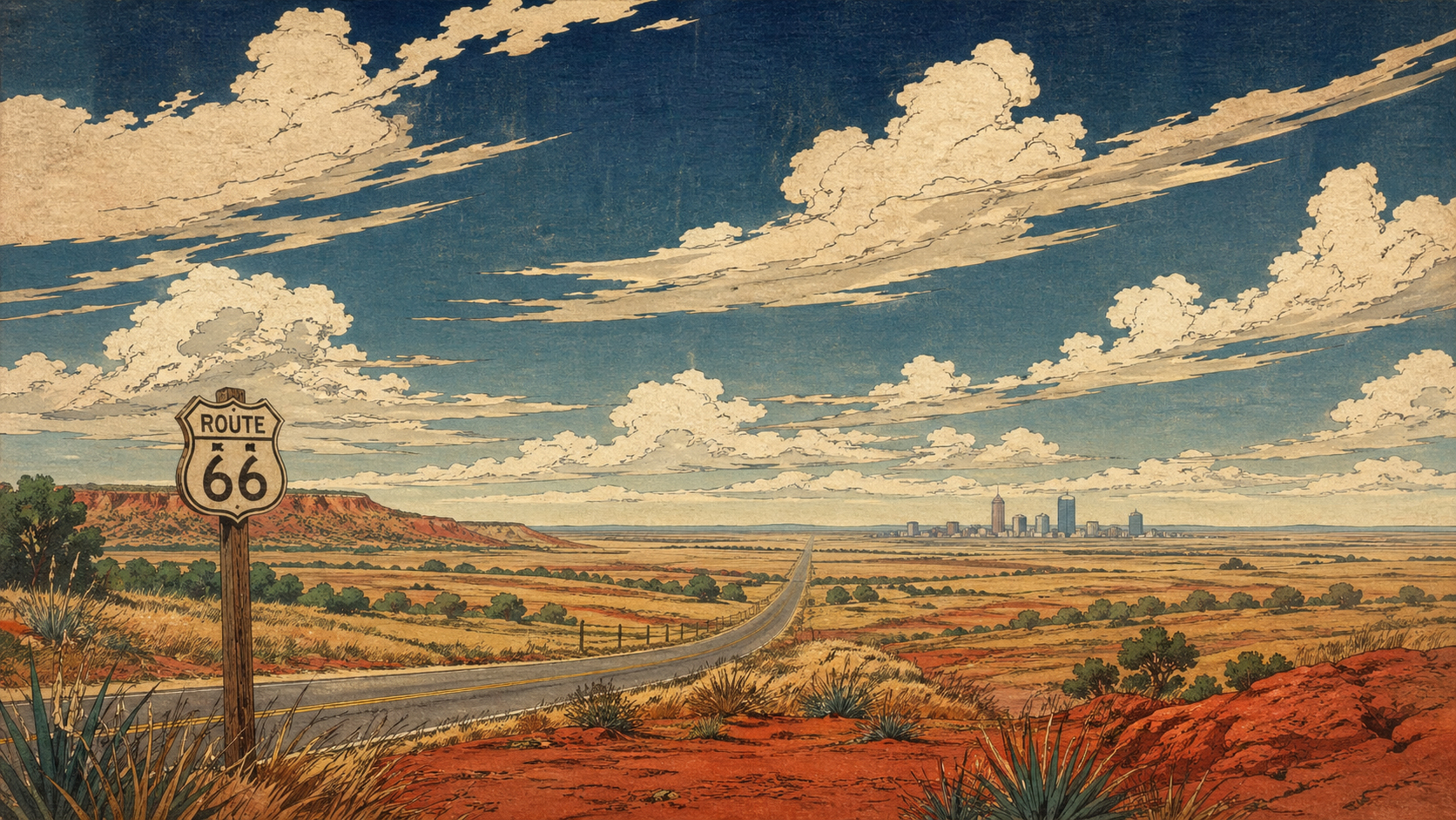 赤土の道、ルート六十六の標識、広い空が広がるオクラホマの風景