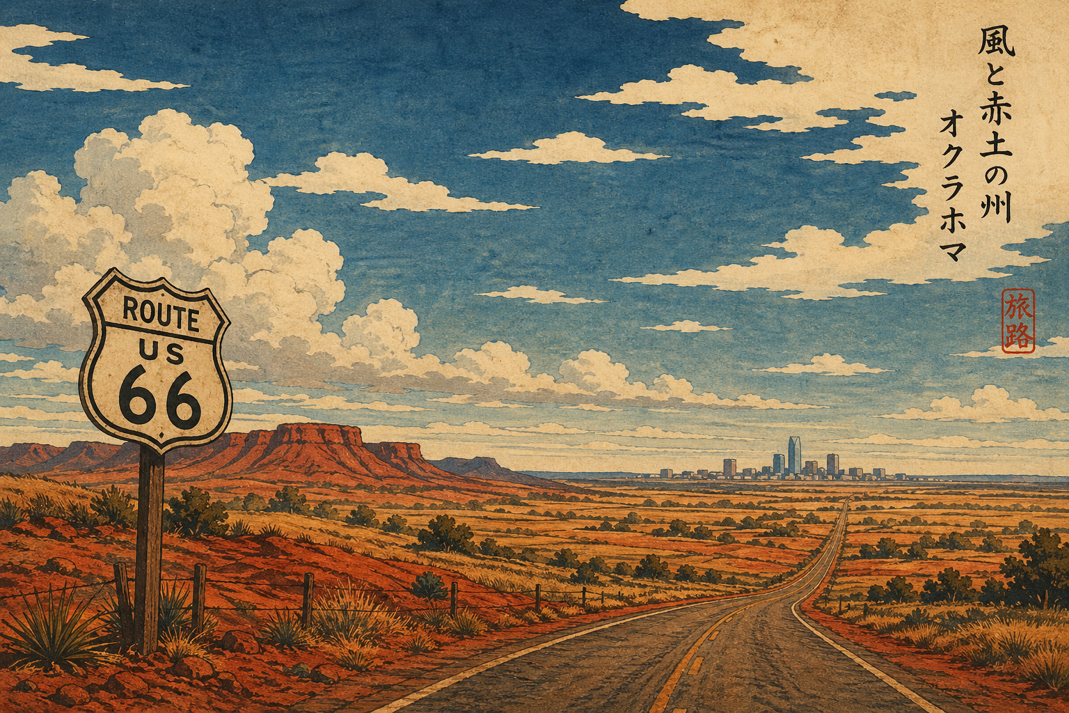 赤土、ルート六十六、草原、空を組み合わせたオクラホマの共有画像